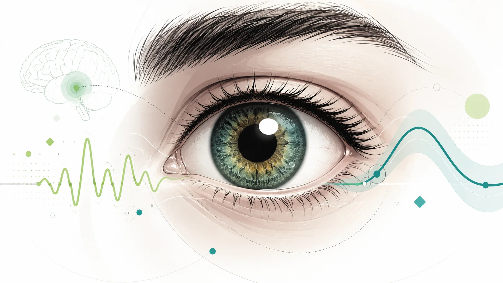 Stylized eye with EEG and pupil signal overlays
